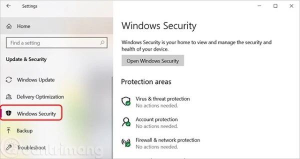 Mở Windows Security qua Settings