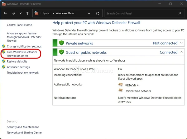 Tắt tường lửa Win 11 qua Control Panel