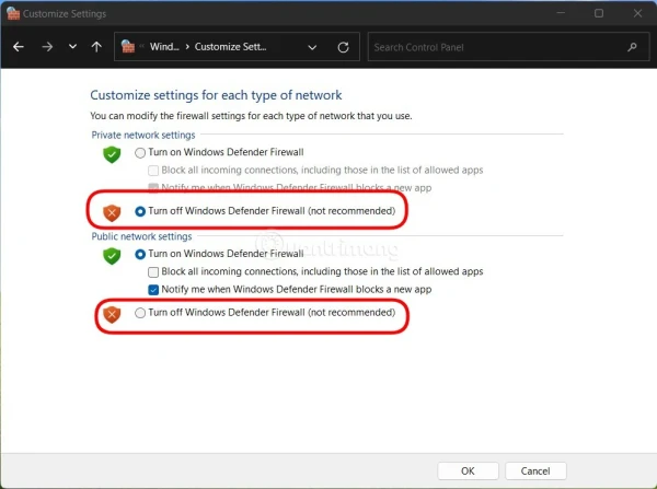 Tắt tường lửa Win 11 qua Control Panel