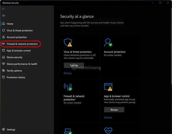 Tắt tường lửa Win 11 qua Windows Security