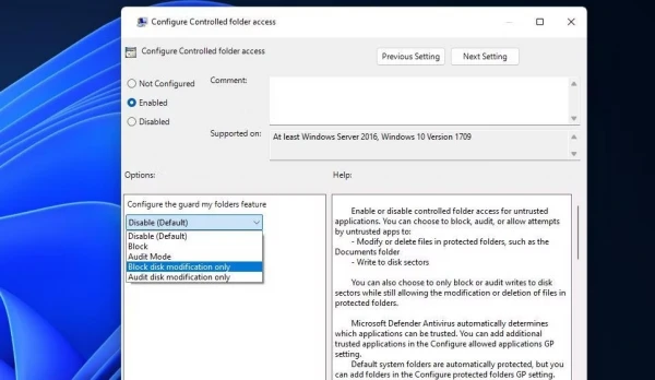 Kích hoạt Controlled Folder Access qua Group Policy Editor
