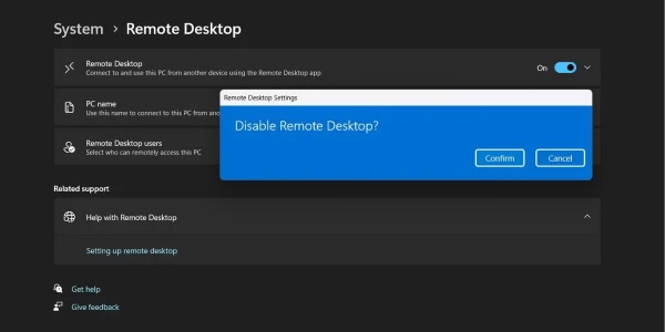 Tắt Remote Desktop Win 11 bằng ứng dụng Settings